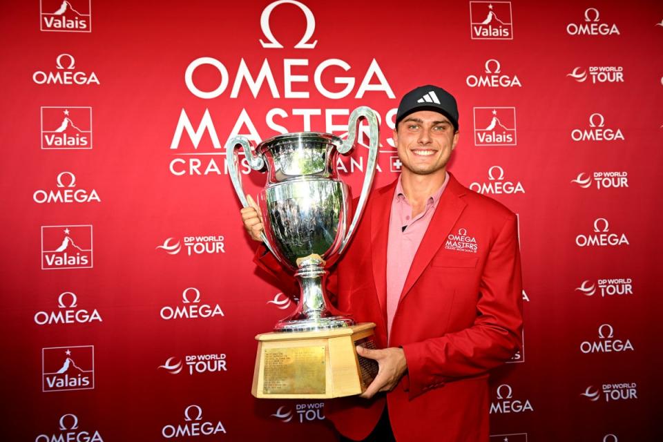 Aberg celebrates with the European Masters trophy (Getty)