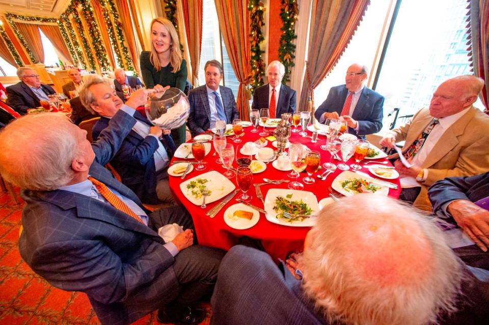 Fort Worth Mayor Mattie Parker collecting donations from Exchange Club members at its Goodfellows luncheon fundraiser at the Fort Worth Club Wednesday, Dec. 7, 2022. Republican political consultant Karl Rove spoke at the event.