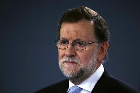 Spain's acting Prime Minister Mariano Rajoy gestures during a news conference after his last cabinet meeting at Moncloa Palace in Madrid, Spain, December 29, 2015. REUTERS/Juan Medina