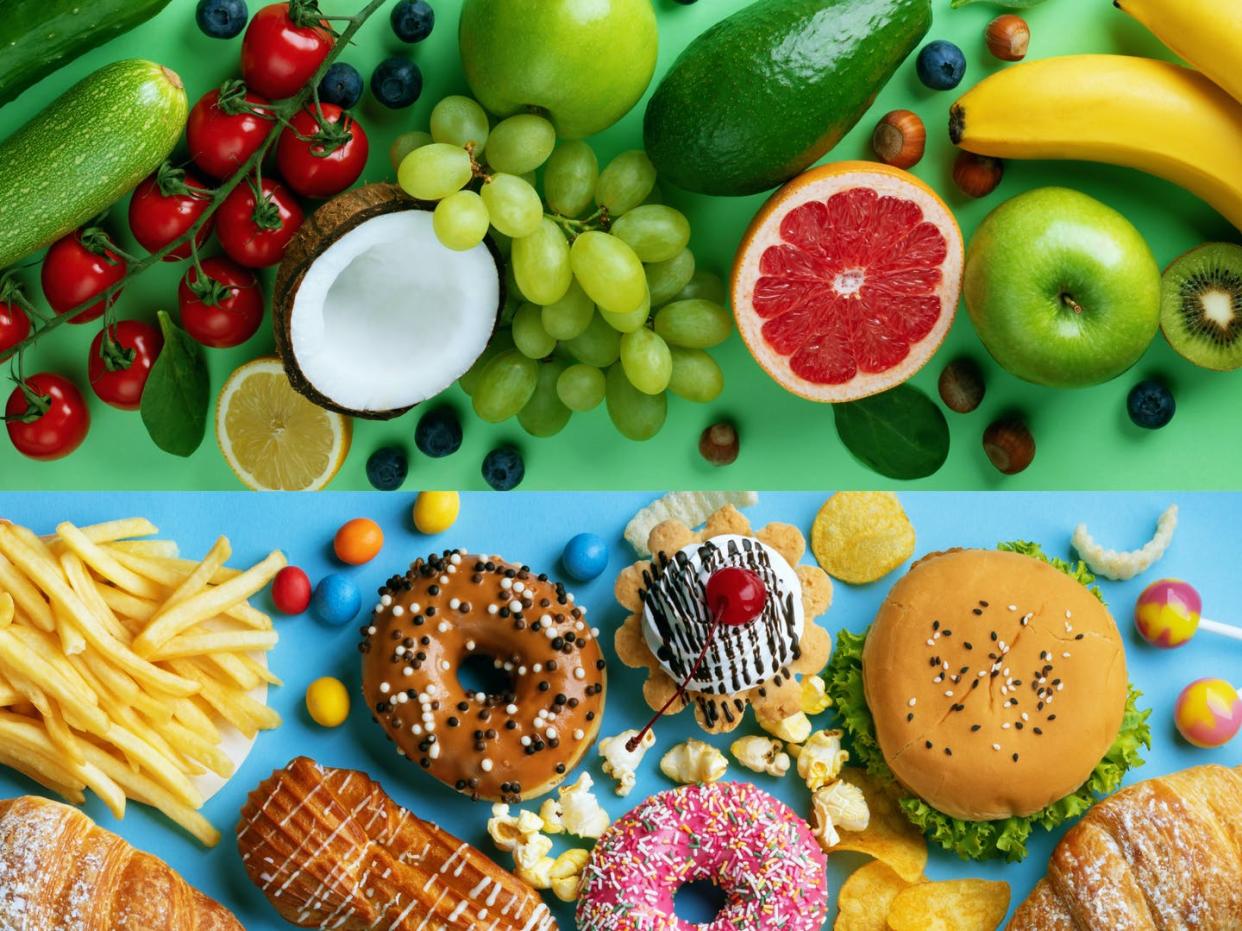 <span class="caption">Even if two foods share the same calorie count, there can be major differences in how they affect your body.</span> <span class="attribution"><a class="link " href="https://www.gettyimages.com/detail/photo/healthy-and-unhealthy-food-background-from-fruits-royalty-free-image/1249589196" rel="nofollow noopener" target="_blank" data-ylk="slk:Julia_Sudnitskaya/iStock via Getty Images;elm:context_link;itc:0;sec:content-canvas">Julia_Sudnitskaya/iStock via Getty Images</a></span>