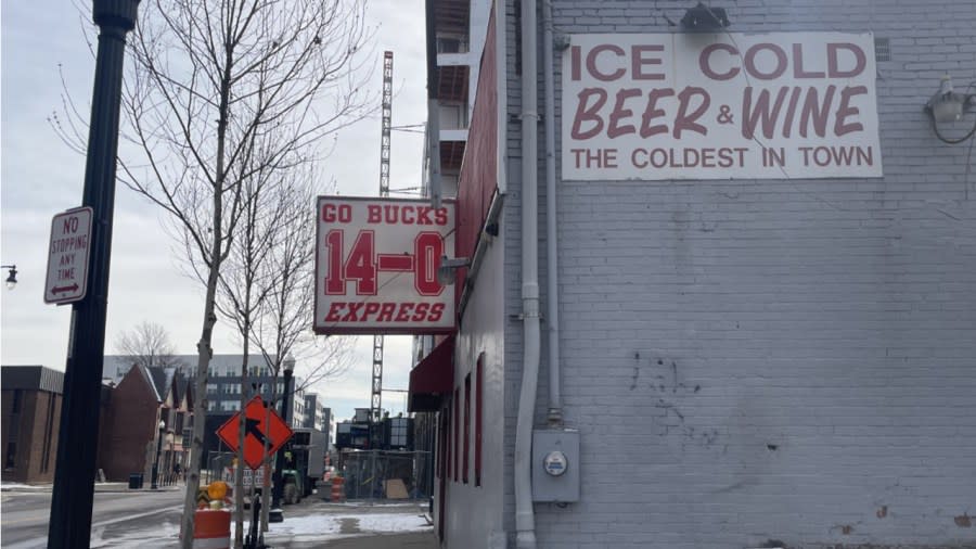 14-0 Express, a longtime corner market on North High Street. The store would be demolished under a proposal for a 15-story apartment complex. (NBC4 Photo/Sarah Szilagy)