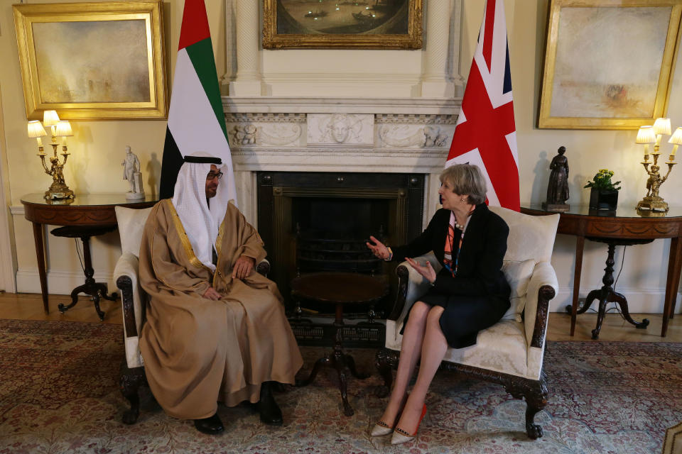 British prime minister Theresa May speaks with the Crown Prince of Abu Dhabi, Sheikh Mohamed bin Zayed Al Nahyan, during a meeting in London in 2017. Photo: Daniel Leal-Olivas/Getty Images