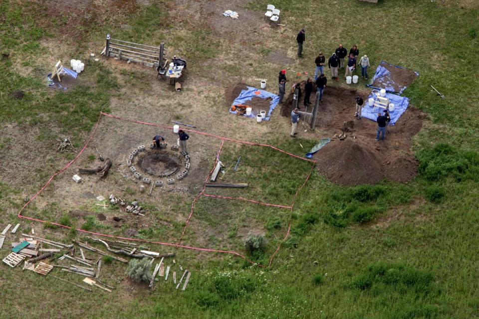 An aerial view of Todd Daybell's backyard, where the remains of JJ Vallow and Tylee Ryan were found in shallow graves in June 2020.   Authorities dug in areas of the backyard where Alex Cox's cellphone had pinged in September 2019. / Credit: AP