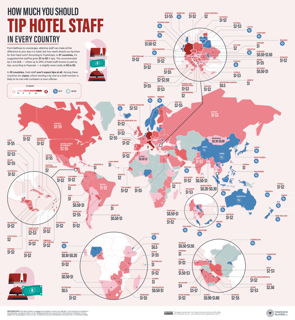 Mapa del mundo sobre cuánto dar de propinas en hoteles.