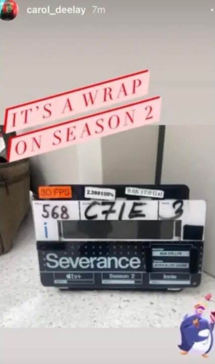 Photo of a clapper board on Severance.