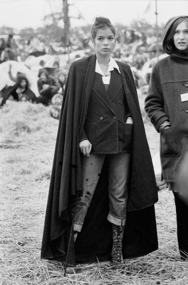 Bianca Jagger in jeans at the Bardney pop festival, 1972.