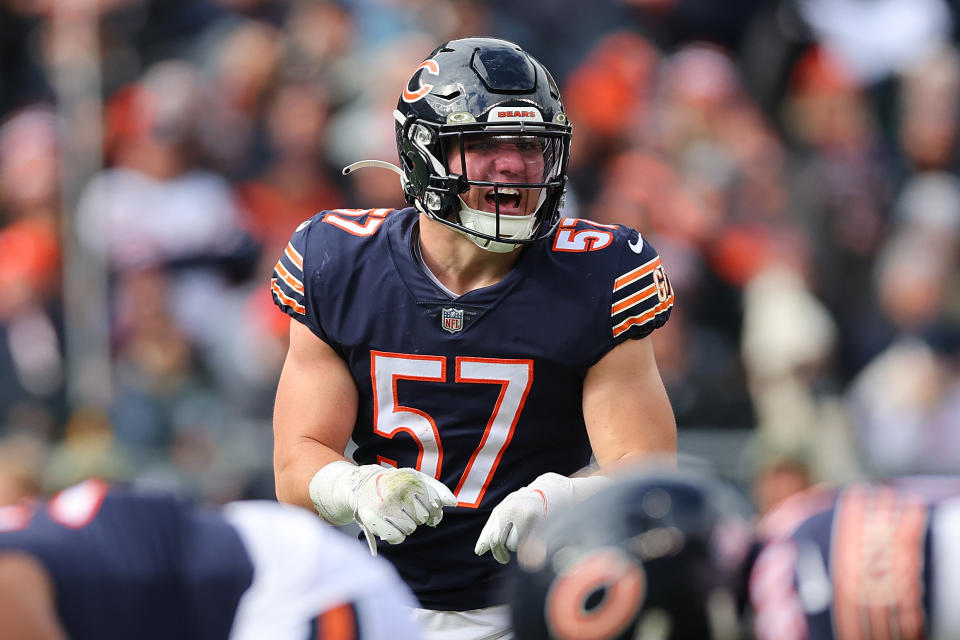 CHICAGO, ILLINOIS – NOVEMBER 13: Jack Sanborn #57 of the Chicago Bears reacts against the Detroit Lions at Soldier Field on November 13, 2022 in Chicago, Illinois. (Photo by Michael Reaves/Getty Images)