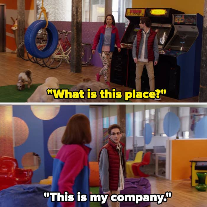 Kimmy walks into an office with arcade machines, a tire swing, and dogs, and her boss says "this is my company"