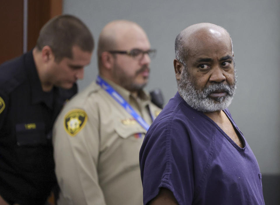 Duane Keith “Keffe D” Davis appears for his arraignment at the Regional Justice Center, Thursday, Nov. 2, 2023, in Las Vegas. Davis, a former Southern California street gang leader, pleaded not guilty Thursday to orchestrating a drive-by shooting that killed Tupac Shakur in 1996 in Las Vegas. (Ethan Miller/Pool Photo via AP)