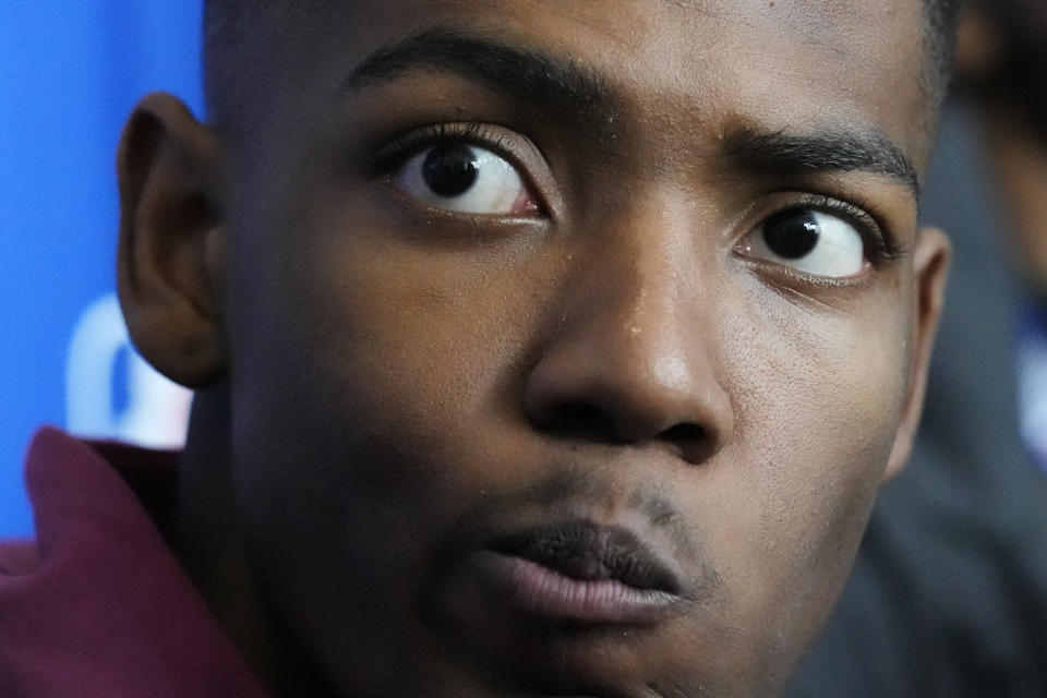 Brandon Miller listens to a question from the media during the 2023 NBA basketball Draft Combine in Chicago, Wednesday, May 17, 2023. (AP Photo/Nam Y. Huh)