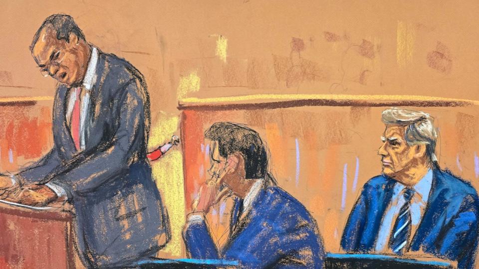 PHOTO: Prosecutor Joshua Steinglass questions potential jurors as former President Trump and defense lawyer Todd Blanche listen, during the jury selection of his trial in Manhattan state court in New York City, April 16, 2024 in this courtroom sketch. (Jane Rosenberg/Reuters)