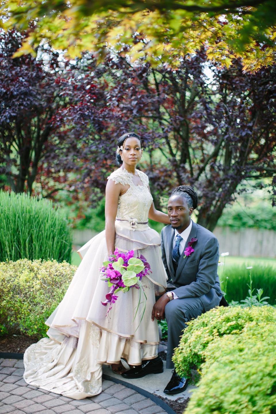 "The decision to make my own dress came from the fact that I&nbsp;didn't want to carry a long, heavy dress all night. I broke my spine a few years ago, so carrying light is better for me," bride Prudence Hoyte told HuffPost. "I decided to make a two-piece ensemble so that I could&nbsp;remove the weight after the first two hours. I have had a&nbsp;passion for sewing and designing for over 20 years. I have a diploma in fashion design and techniques, and I thought to myself, 'Why walk on the most important day of my life in someone else's design?' I knew I&nbsp;could do it and I went for it, putting in all that I've learned."