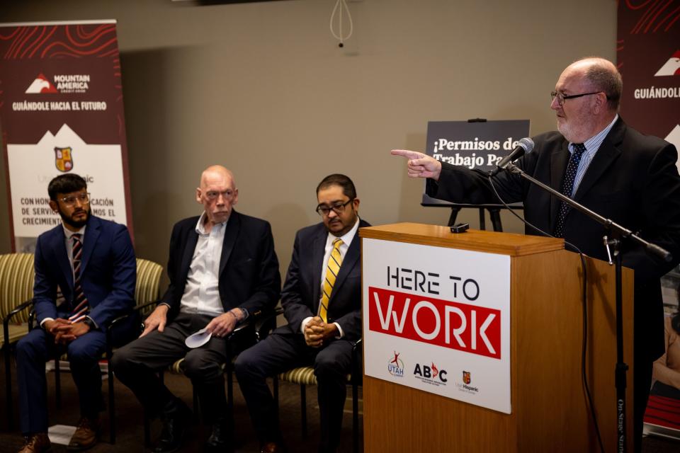 Juan Pascua, executive director of the Utah Hispanic Chamber of Commerce, speaks at the organization’s office in Taylorsville on Thursday, Nov. 2, 2023. The group met to call for President Biden to extend work authorization for long-term immigrant contributors. | Spenser Heaps, Deseret News