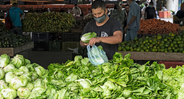 Man at vegetable shop putting lettuce in a bag