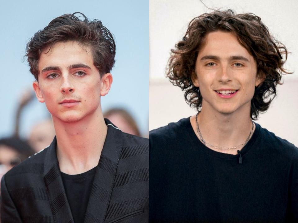 Timothee Chalamet with short hair on the left and long hair on the right.