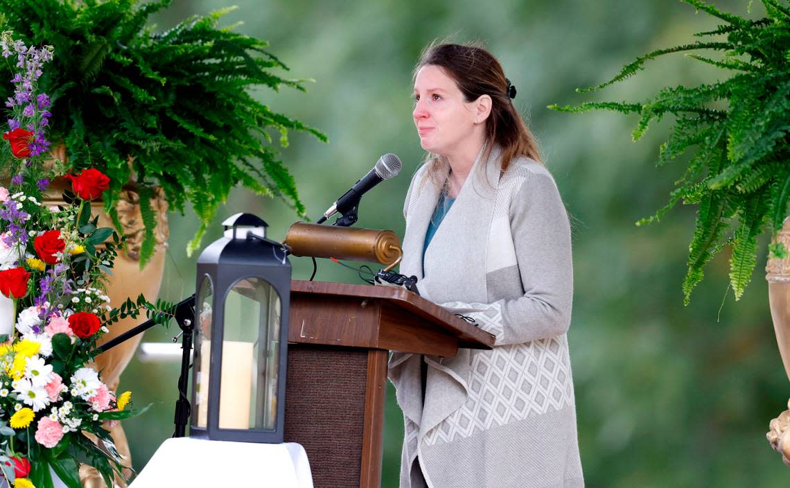 Meaghan McCrickard remembers her sister, Mary Marshall, during a memorial service at Dix Park in Raleigh, N.C., Saturday, Oct. 29, 2022. Marshall was one of the five people killed in a mass shooting on Oct. 13.