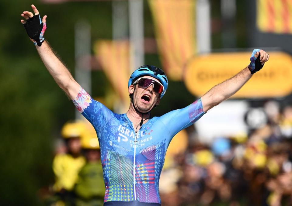 Israel-Premier Tech team's Canadian rider Hugo Houle celebrates (AFP via Getty Images)