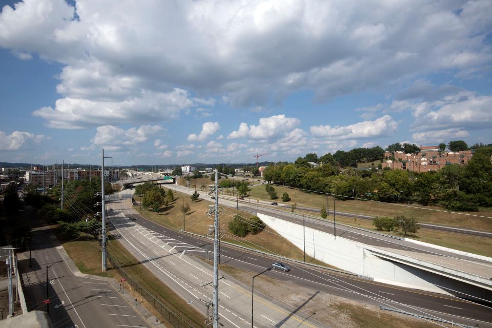 The James White Parkway separates downtown Knoxville from neighborhoods just to the east.