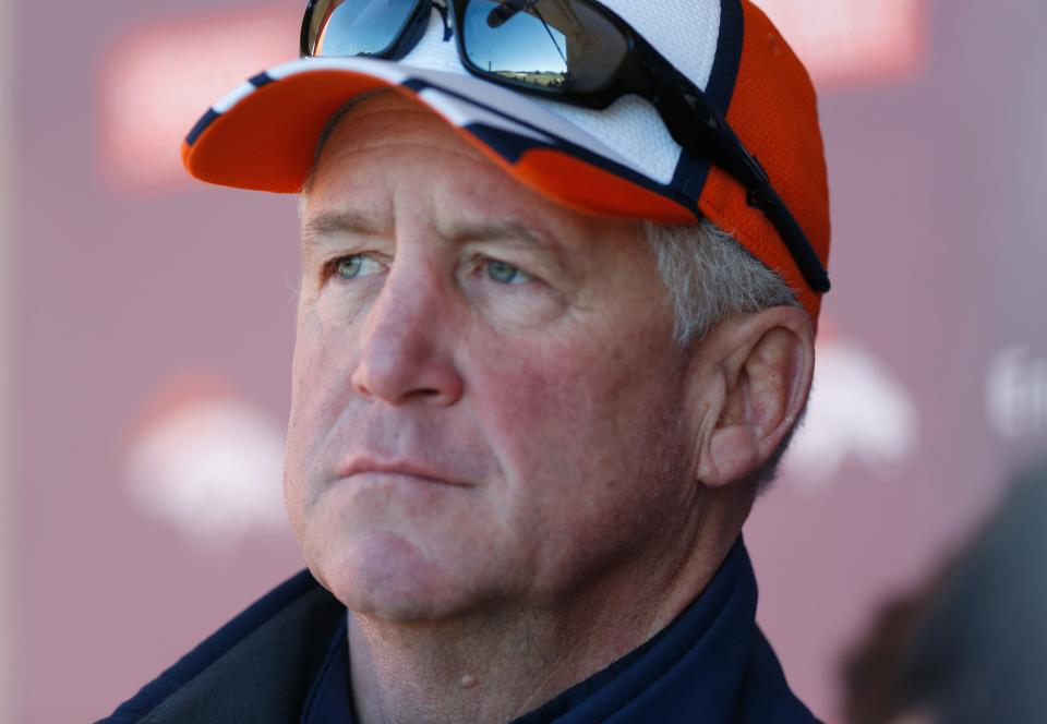 Denver Broncos coach John Fox considers a question from a reporter during a news conference Jan. 8, 2015, in Englewood, Colo.