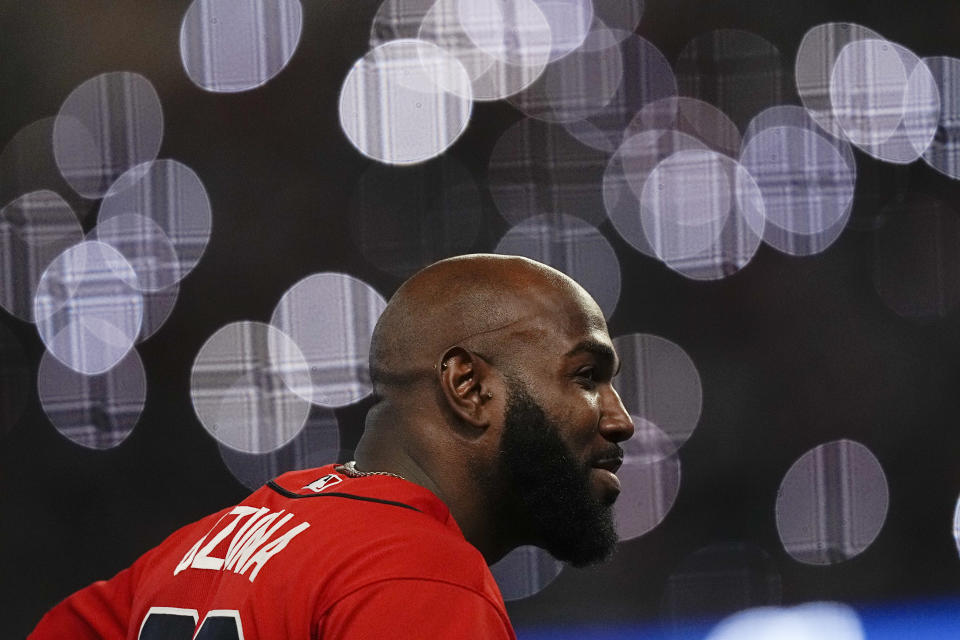 Atlanta Braves' Marcell Ozuna (20) stands on third base during the seventh inning of the team's baseball game against the Seattle Mariners, Friday, May 19, 2023, in Atlanta. (AP Photo/Brynn Anderson)