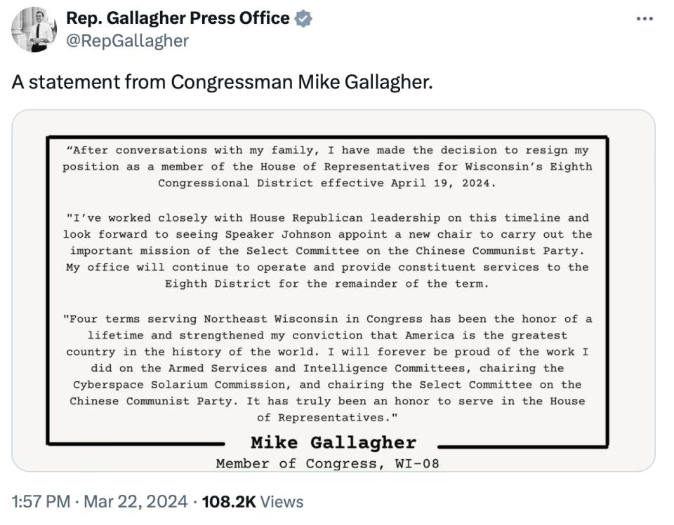 Screenshot of a tweet from Mike Gallagher 