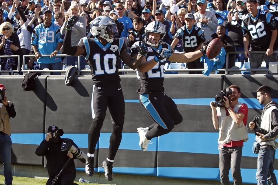 <p>
              Carolina Panthers running back Christian McCaffrey (22) and wide receiver Curtis Samuel (10) celebrate McCaffrey's touchdown against the Tennessee Titans during the first half of an NFL football game in Charlotte, N.C., Sunday, Nov. 3, 2019. (AP Photo/Brian Blanco)
            </p>