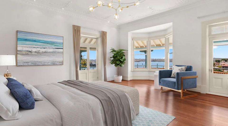 A bedroom overlooking the harbour.