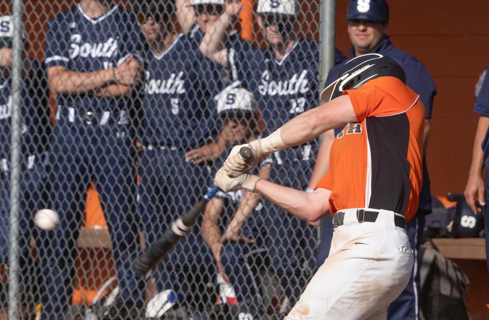 Midd North Dylan Briggs hits a solo homer in the fifth inning. Middletown North baseball defeats Middletown South 5-3 in NJSIAA Central Group 3 semifinal in Middletown, NJ on May 30,2023.