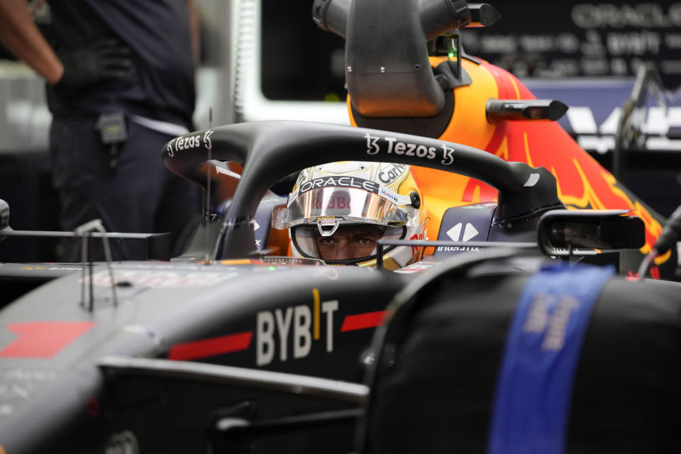 Red Bull driver Max Verstappen of the Netherlands gets ready during a practice for theFormula One Bahrain Grand Prix it in Sakhir, Bahrain, Friday, March 18, 2022. (AP Photo/Hassan Ammar)