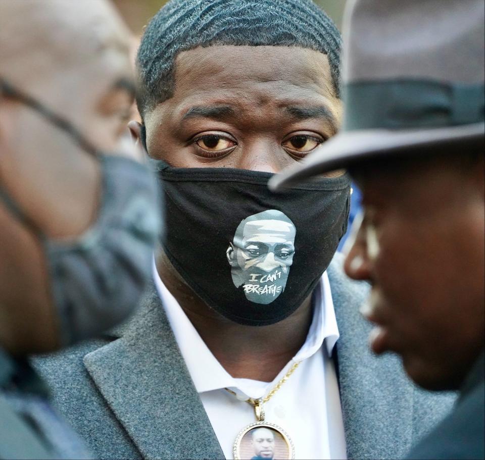 Brandon Williams, nephew of George Floyd, attends a press conference outside the Hennepin County Government Center on March 29, 2021.