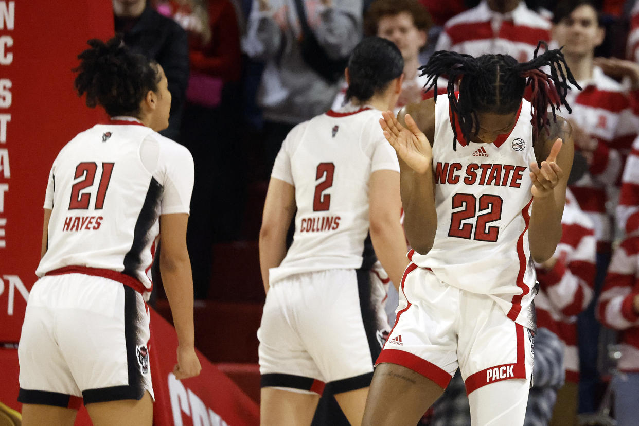 North Carolina State's Saniya Rivers (22) celebrates a basket during the second half of an NCAA college basketball game against Duke, Sunday, Jan. 21, 2024, in Raleigh, N.C. (AP Photo/Karl B. DeBlaker)