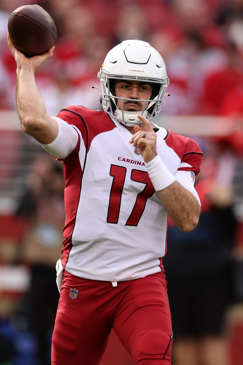 David Blough #17 of the Arizona Cardinals warms up prior to the game against the Arizona Cardinals at Levi's Stadium on Jan. 8, 2023, in Santa Clara, California.