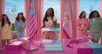 <p>Issa Rae seems to channel 1990s Chanel (or at least the Chanels from <em>Scream Queens</em>) as she and the rest of the Barbies wear pastel workwear in President Barbie's oval office. </p>