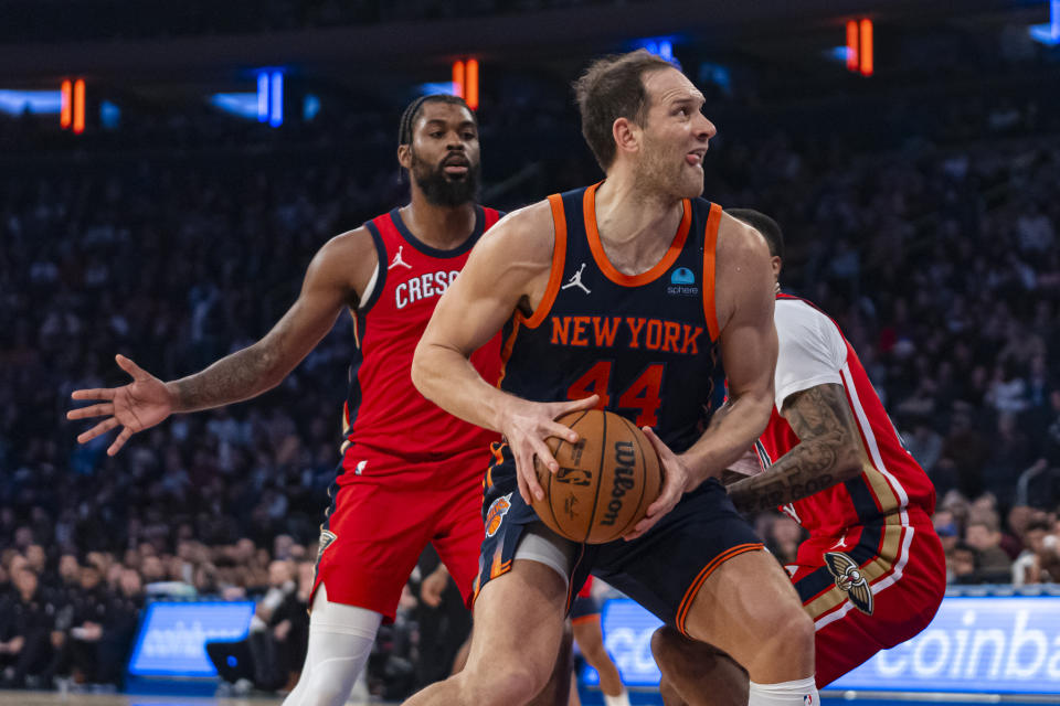 New York Knicks forward Bojan Bogdanovic (44) attacks the basket during the first half of an NBA basketball game against the New Orleans Pelicans in New York, Tuesday, Feb. 27, 2024. (AP Photo/Peter K. Afriyie)