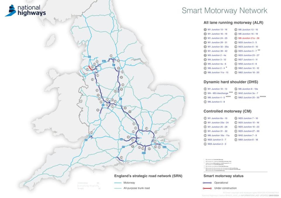 The network of UK smart motorways in January this year. Plans for more have been scrapped (National Highways)