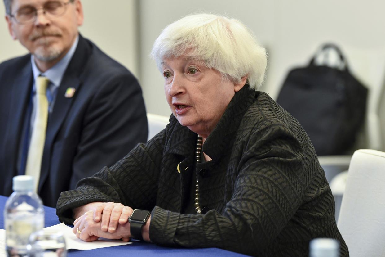 U.S. Treasury Secretary Janet Yellen speaks during a meeting with Japan's Finance Minister Shunichi Suzuki at the G-7 Finance Ministers and Central Bank Governors' Meeting at the Toki Messe convention center in Niigata, Japan, Saturday, May 13, 2023. (Kazuhiro Nogi/Pool Photo via AP)