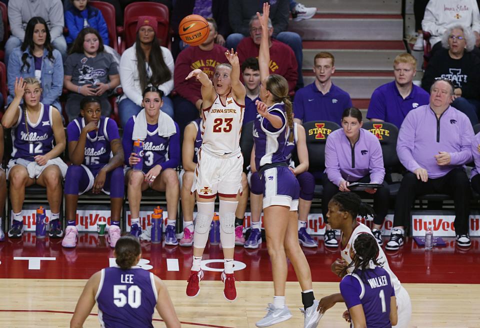 Iowa State's Kelsey Joens takes a 3-point shot against Kansas State on Feb. 14 at Hilton Coliseum in Ames.