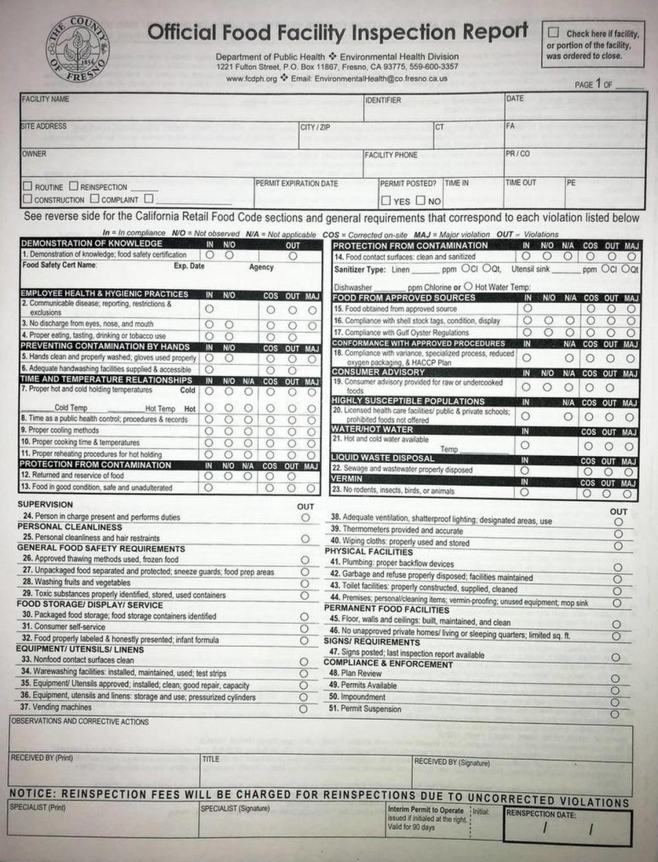 The first page of the form used by Fresno County health inspectors includes a checklist list of more than 50 factors that are checked for compliance with food handling and food safety regulations.
