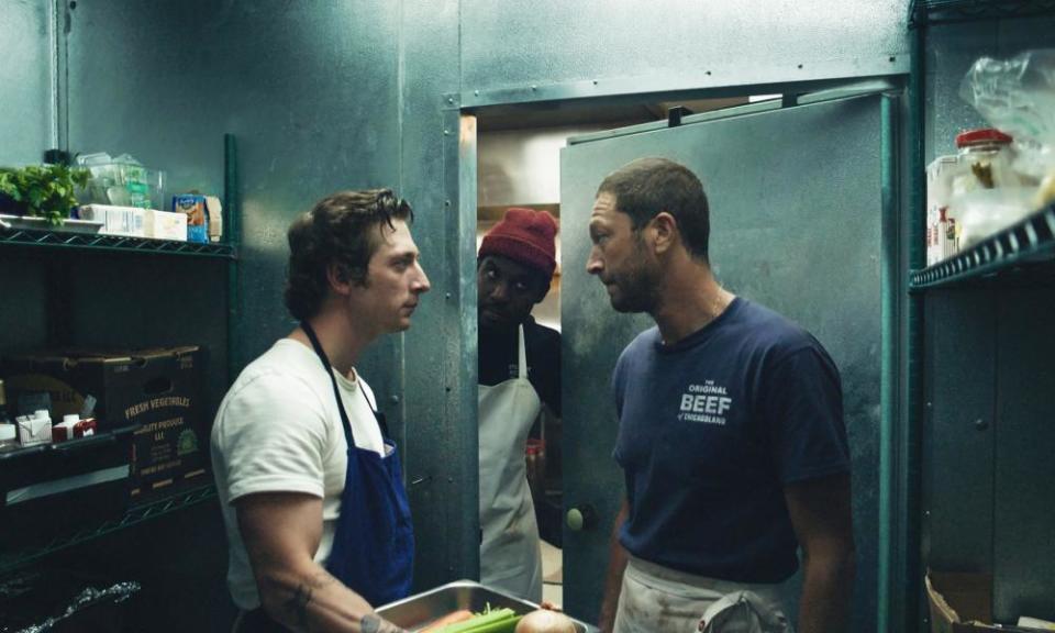 This image released by FX shows Jeremy Allen White, left, and Ebon Moss-Bachrach, right, in a scene from ‘The Bear’.