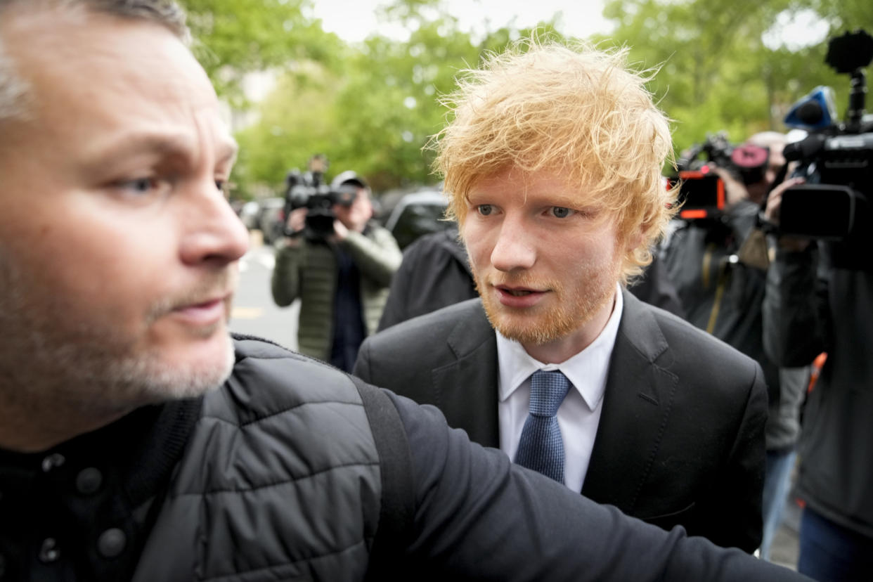 Recording artist Ed Sheeran arrives to New York Federal Court as proceedings continue in his copyright infringement trial, Thursday, May 4, 2023, in New York. (AP Photo/John Minchillo)