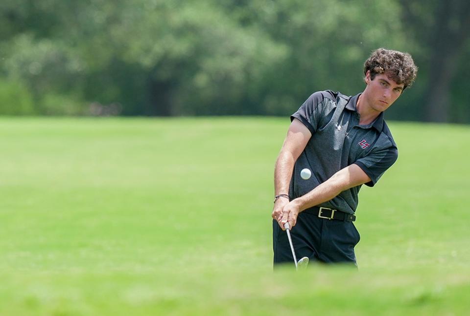 Lake Travis' Luke Nolan plays on the 15th green during the UIL Class 6A boys state championship at White Wing Golf Club in Georgetown on Tuesday.