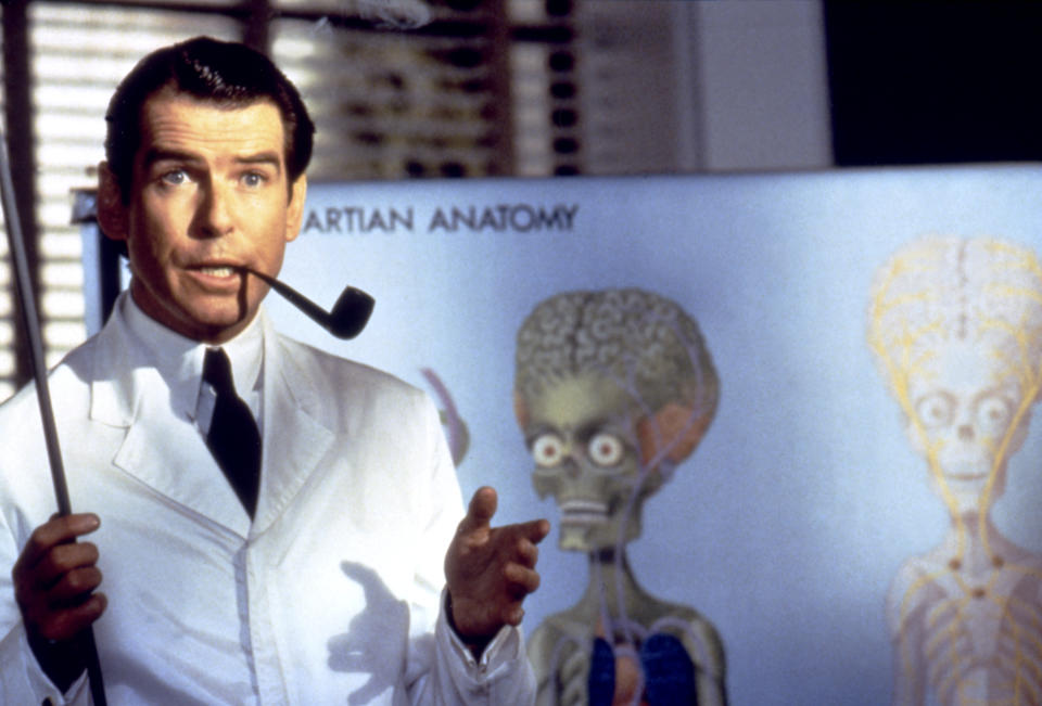 Irish actor Pierce Brosnan on the set of Mars Attacks!, directed by Tim Burton. (Photo by Warner Bros. Pictures/Sunset Boulevard/Corbis via Getty Images)