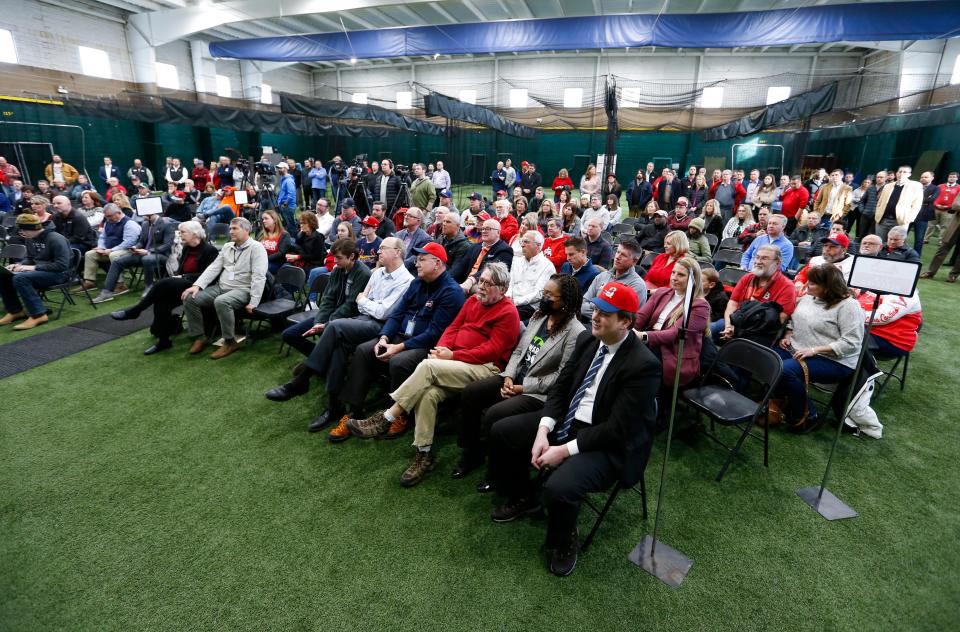 Springfield Cardinals fans and community members gather to listen to a press conference announcing that the city of Springfield has a plan to buy Hammons Field for $12 million.