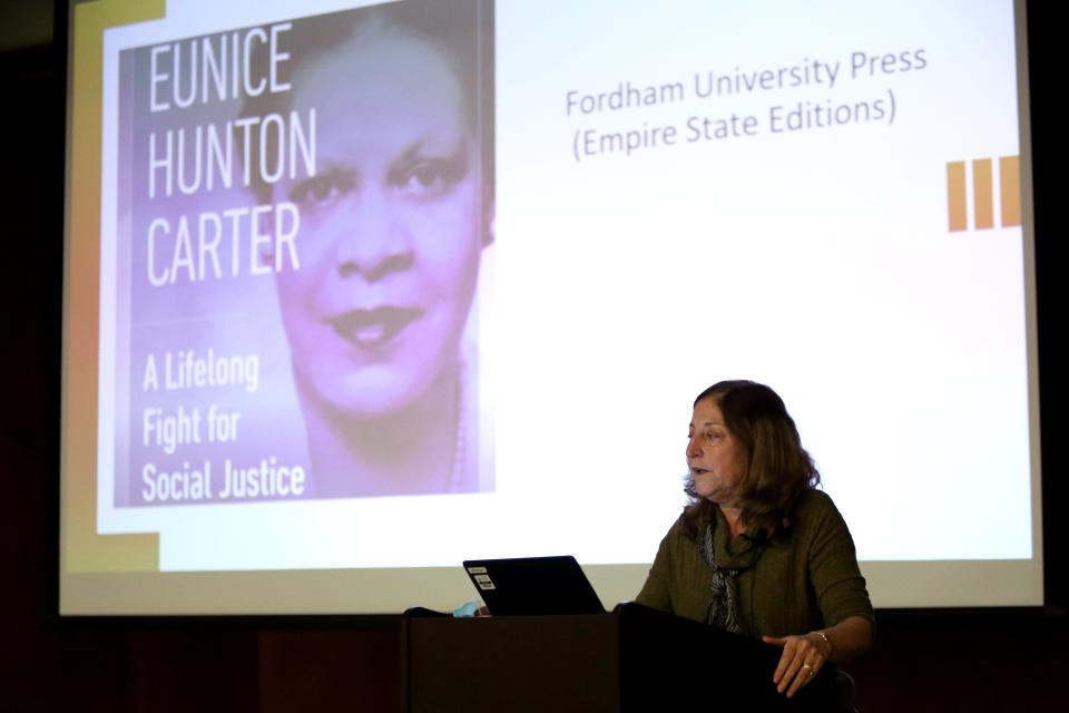 Marilyn Greenwald, an Ohio University professor emerita of journalism, talks about Eunice Hunton Carter during an event Feb. 7 at the Bexley Public Library. Carter was a legal trailblazer and the only Black woman prosecutor in the 1936 trial of notorious gangster Charles "Lucky" Luciano.