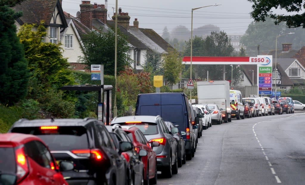 Motorists queue for fuel at a petrol station in Ashford, Kent (Gareth Fuller/PA) (PA Wire)