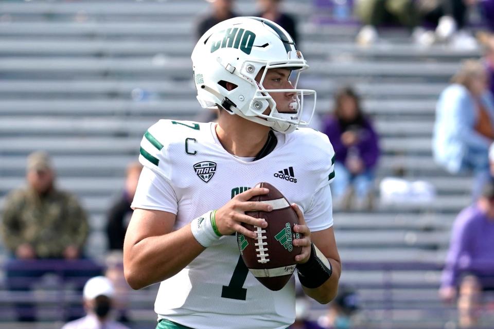 Ohio quarterback Kurtis Rourke looks to pass during the second half of an NCAA college football game against Northwestern in Evanston, Ill., Saturday, Sept. 25, 2021. Northwestern won 35-6. (AP Photo/Nam Y. Huh)