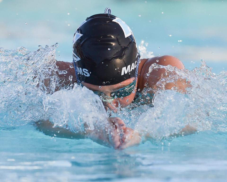 Ponte Vedra's Annabelle MacAdams races in the 200-yard medley relay. The Sharks are seeking their third consecutive FHSAA girls swimming championship.