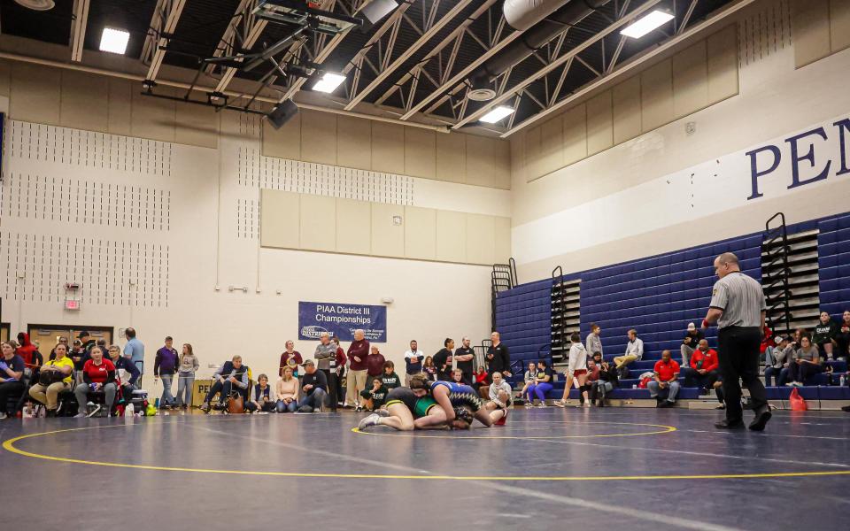 Annabelle Tracey (Waynesboro) wrestles Olivia Ball (Central Dauphin) in the 136 lb. quarterfinals. The District 3 girls' wrestling Southeast Regional Championships were held on Saturday, March 2, 2024, at Penn Manor High School.