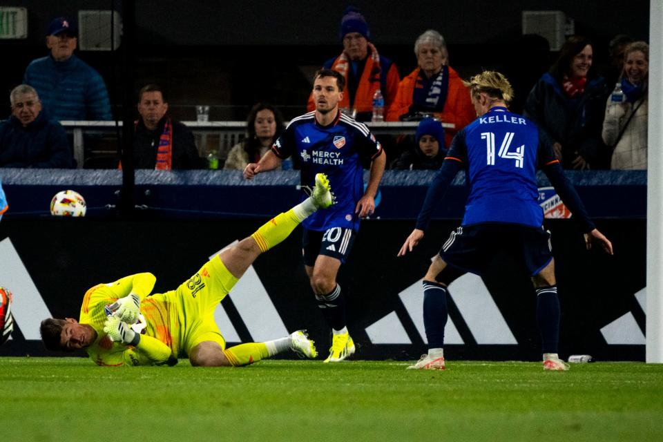 FC Cincinnati goalkeeper Roman Celentano (18) makes a save in the first half. Celentano had three saves and he and the back line have now produced three MLS shutouts this season.