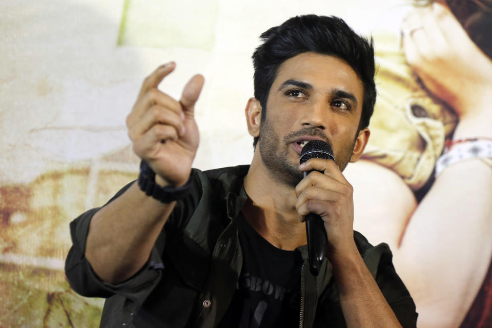 In this Tuesday, May 30, 2017, file photo, Bollywood actor Sushant Singh Rajput speaks during a press conference to promote his upcoming movie "Raabta" in Ahmadabad, India. The entertainment capital of India may be reeling under the coronavirus onslaught, but its celebrity inhabitants are being roiled by troubles of another kind. The recent suicide of Rajput, a young and popular movie actor in Mumbai has fueled a sustained reckoning over the privileges of the Bollywood elite, laying bare the simmering fault lines between the haves and the have-nots of the Hindi language movie industry. (AP Photo/Ajit Solanki, file)